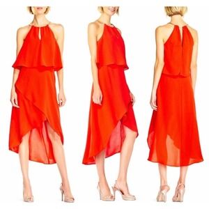 Adrianna Papell Red Halter Neck Tiered‎ High Low Midi Dress Chain Neckline Sz 14